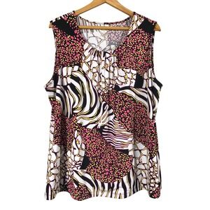 CJ Banks Women's Size 1X Abstract Print Pleated Neck Sleeveless Top Pink Yellow